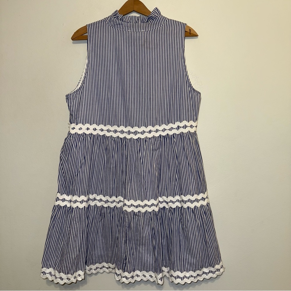 NEW Entro Womens Dress Large Navy Tiered Striped Dress Rick Rack Trim Lined - Picture 4 of 9